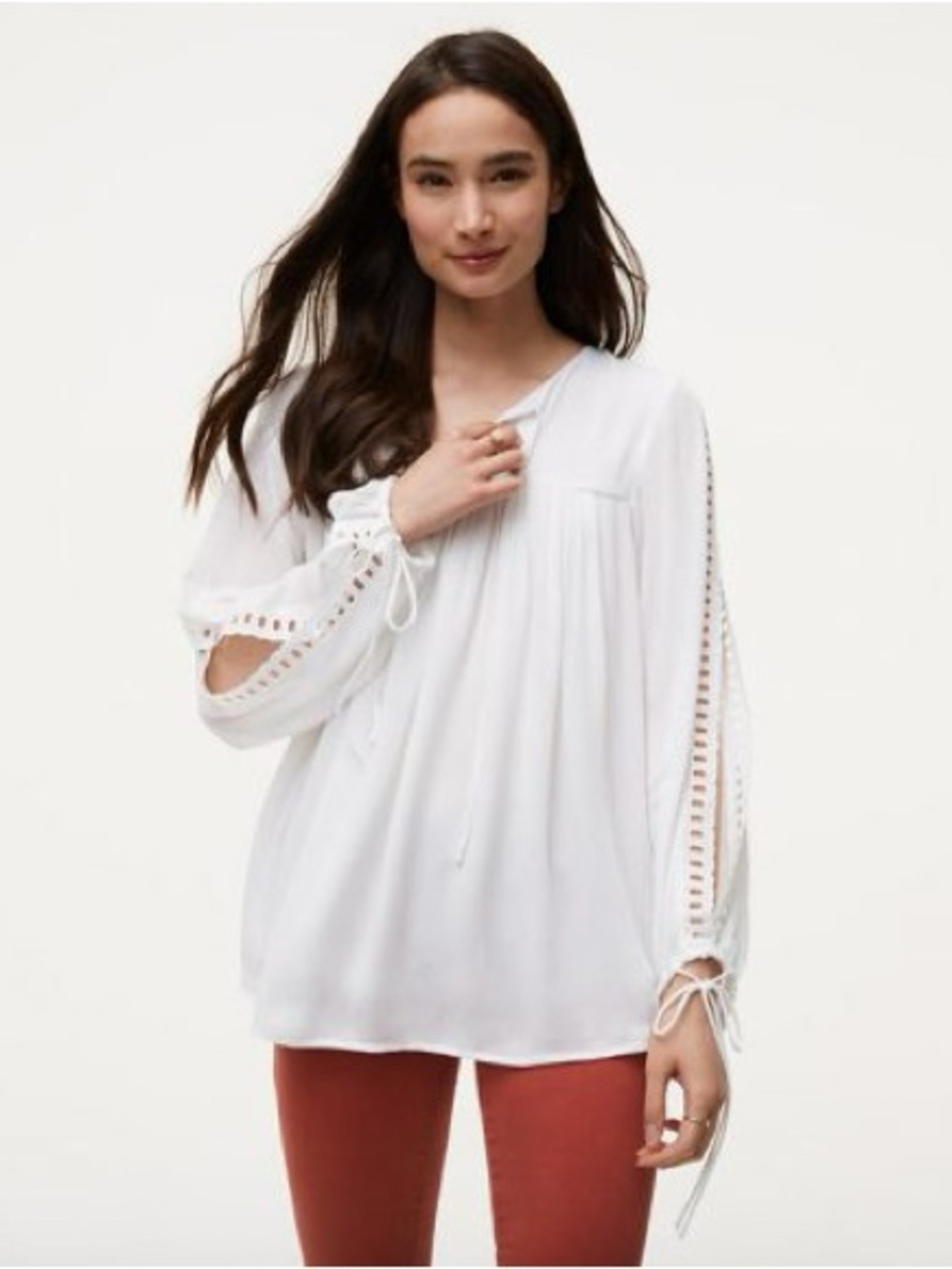 Ann Taylor Loft Womens Blouse Open Long Sleeve Lined Peasant BOHO Cream Size LP